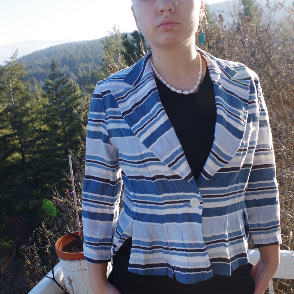 Vintage Ladies Stripped Linen Blend Cropped Spring Jacket By Louben
